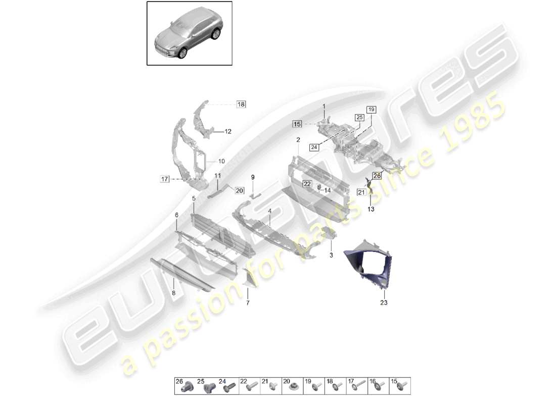 porsche 2020 (macan) schéma des pièces du refroidisseur de liquide de refroidissement carrier macan iii, guide d'air et support de verrouillage
