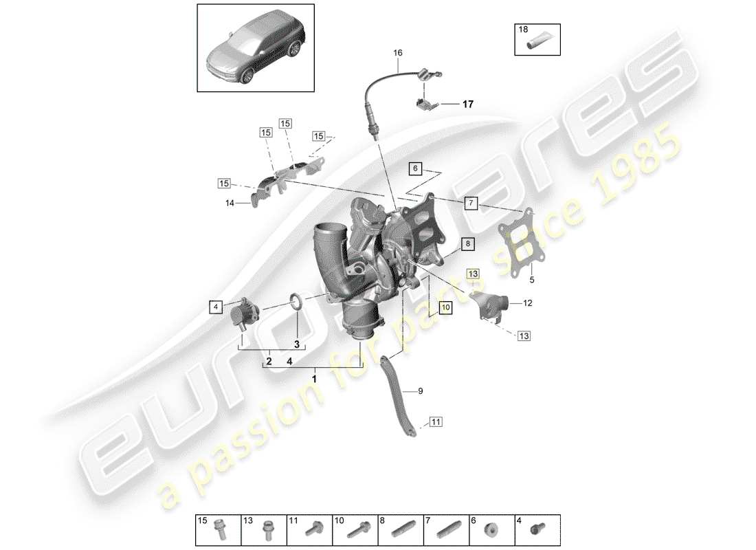 porsche 2019 (cayenne e3 9ya/9yb) turbocompresseur de gaz d'échappement schéma des pièces