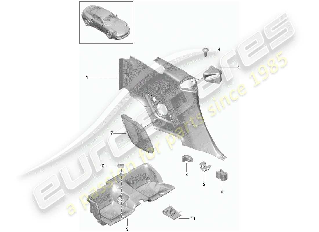 porsche 2014 (991-1 turbo) panneau de garniture de custode schéma des pièces