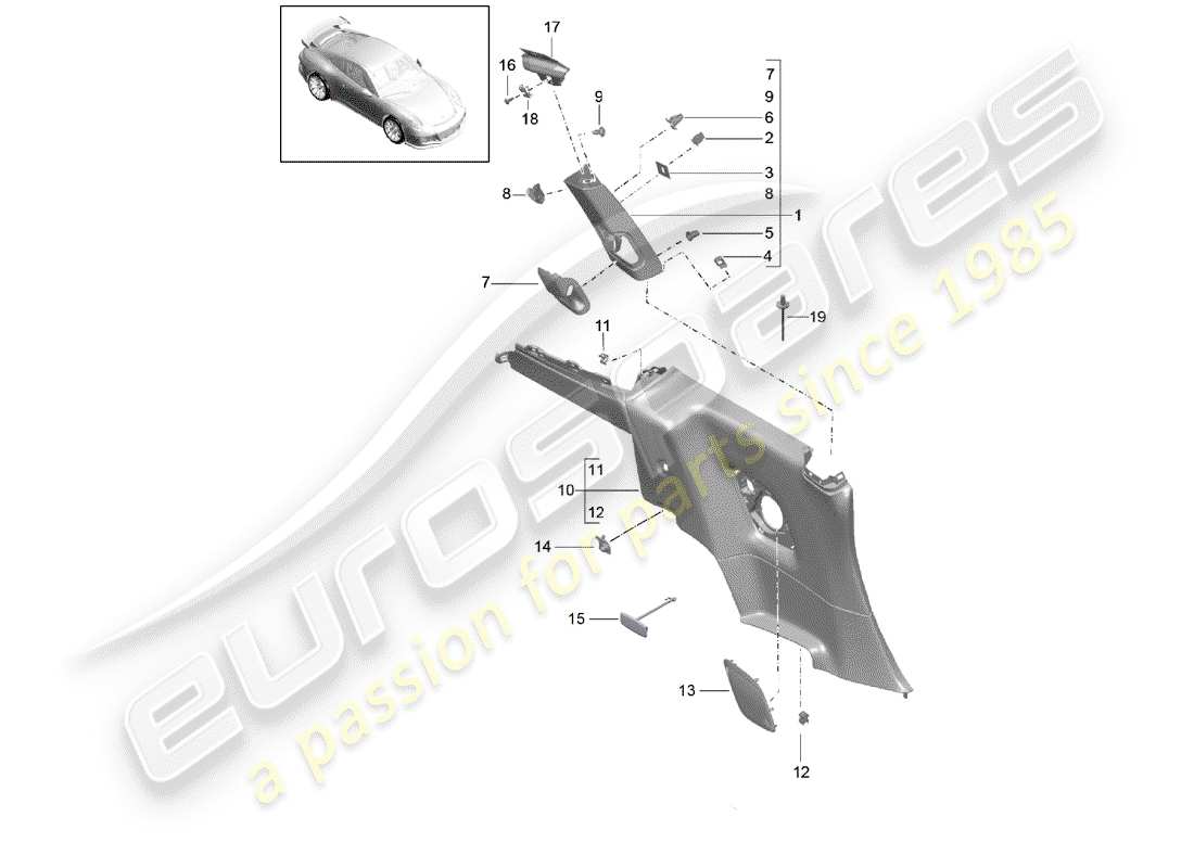 porsche 2016 (991-1 r/gt3/rs) panneau de garniture de custode schéma des pièces