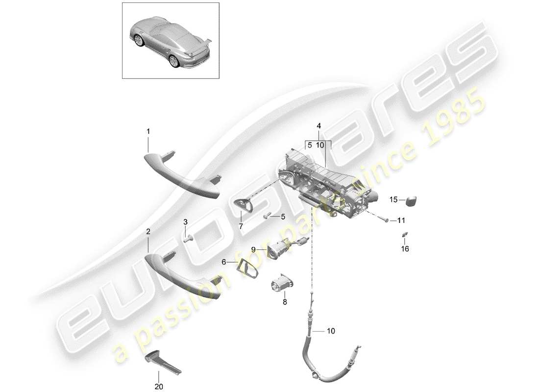 porsche 2014 (991-1 r/gt3/rs) poignée de porte, extérieure schéma des pièces