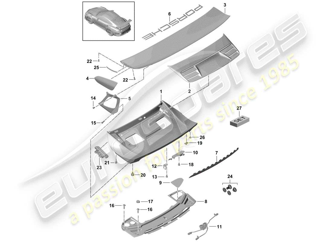 porsche 2018 (991-2 r/gt3/rs) couvercle de coffre arrière schéma des pièces