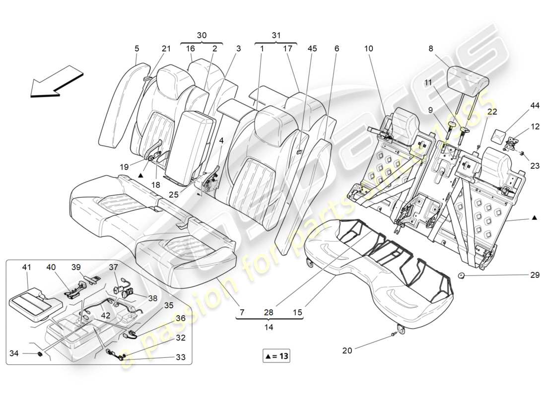 maserati qtp 3.0 bt v6 410hp (2014) sièges arrière : diagramme de pièces des panneaux de garniture
