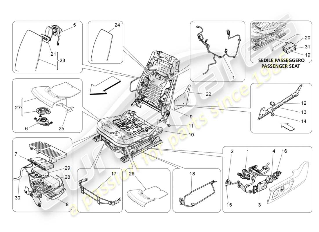 maserati qtp 3.0 bt v6 410hp (2014) sièges avant : schéma des pièces mécaniques et électroniques