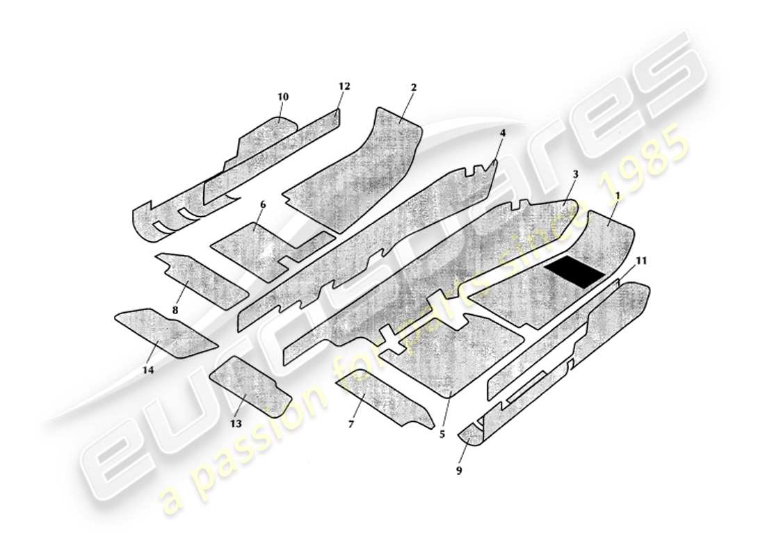 aston martin v8 coupe (1999) diagramme des pièces de tapis