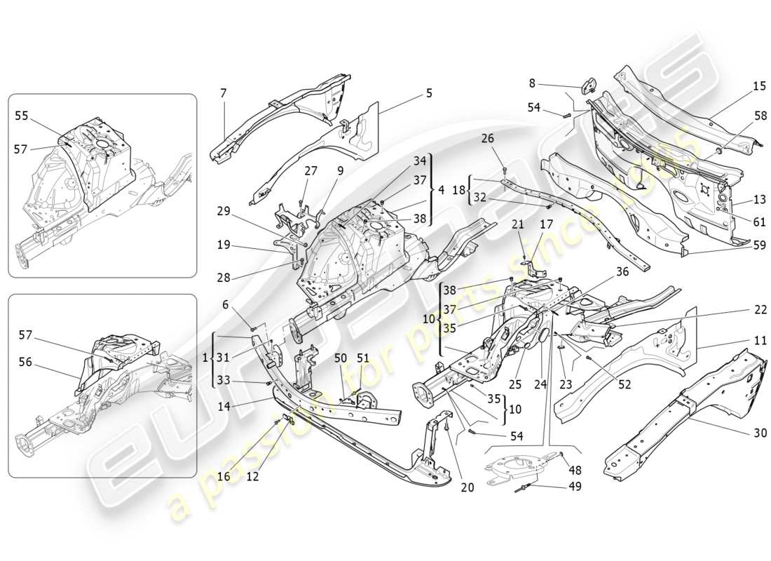 maserati qtp 3.0 bt v6 410hp (2014) schéma des pièces des cadres structurels avant et des panneaux en tôle