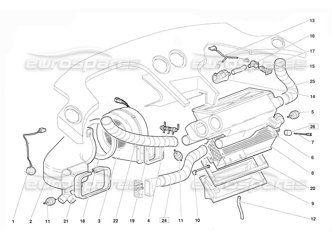 lamborghini diablo (1991) diagramme des pièces de la climatisation (valable pour la version du 1992 juin)