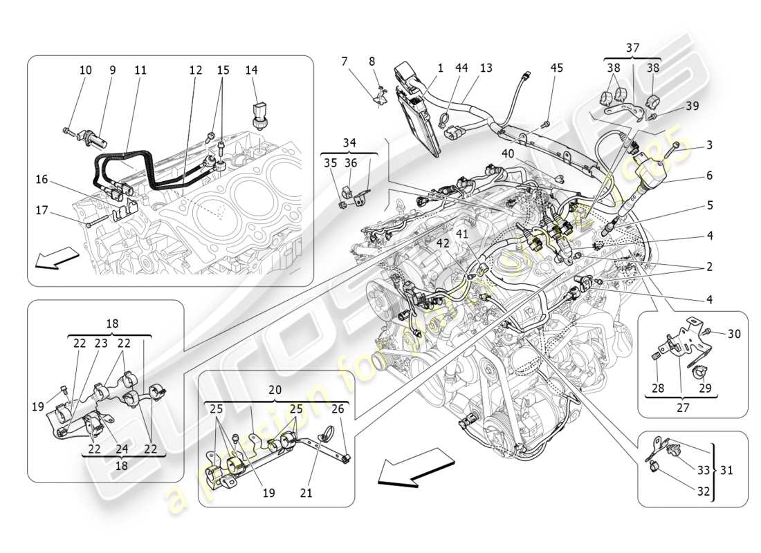 maserati qtp 3.0 bt v6 410hp (2014) commande électronique : diagramme des pièces de commande d'injection et de synchronisation du moteur