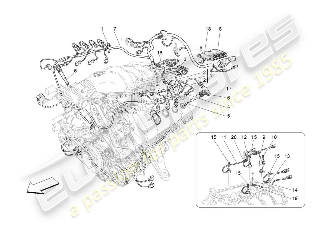 maserati granturismo (2011) commande électronique : diagramme des pièces de commande d'injection et de synchronisation du moteur
