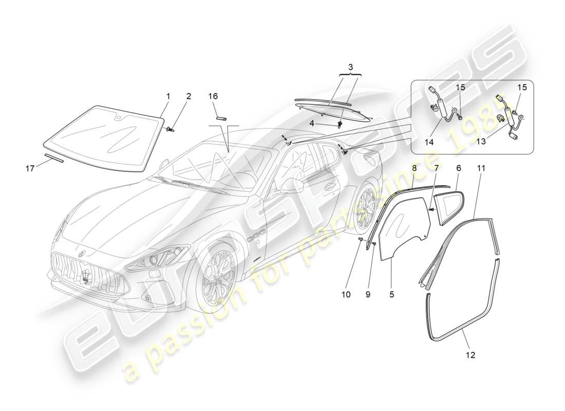 maserati granturismo s (2018) diagramme de pièces de fenêtres et de bandes de fenêtre