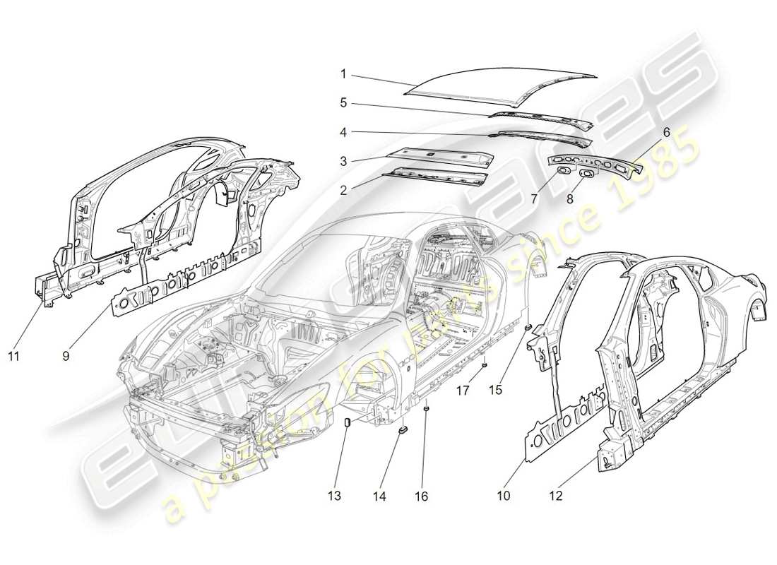 maserati granturismo (2009) schéma des pièces de la carrosserie et des panneaux de garniture extérieurs centraux