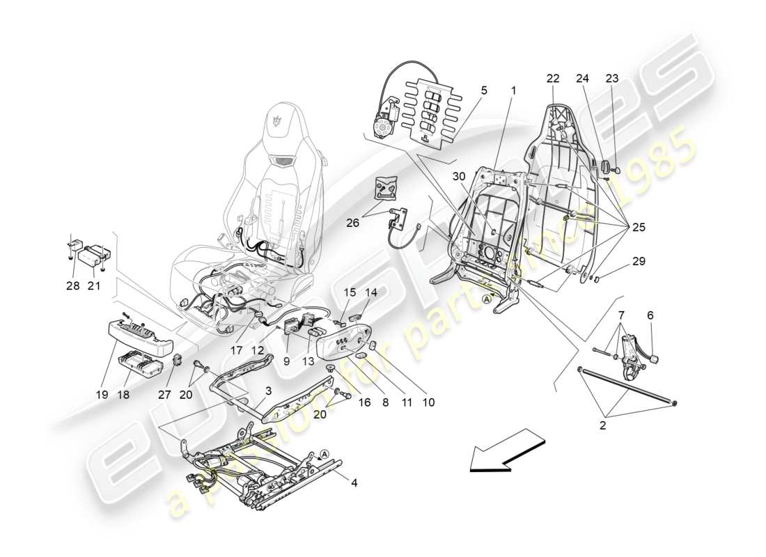 maserati granturismo s (2014) sièges avant : schéma des pièces mécaniques et électroniques