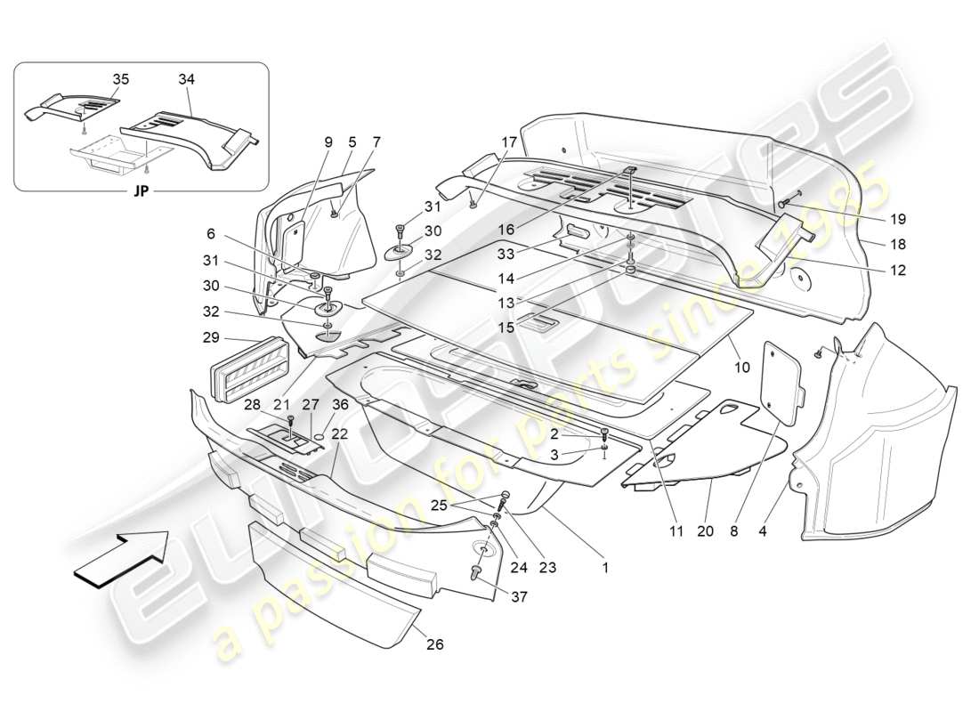 maserati granturismo s (2013) schéma des pièces des tapis de coffre à bagages