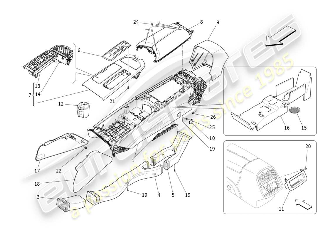 maserati qtp 3.0 bt v6 410hp (2014) schéma des pièces de la console d'accessoires et de la console centrale