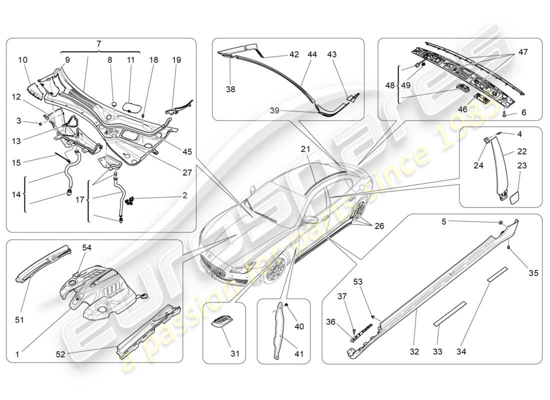 maserati qtp 3.0 bt v6 410hp (2014) schéma des pièces des boucliers, des garnitures et des panneaux de revêtement