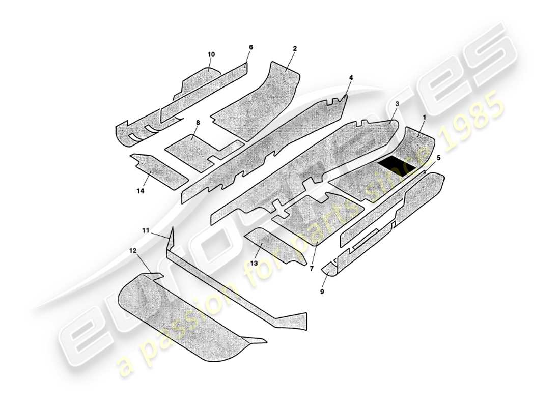 aston martin v8 volante (1998) diagramme des pièces de tapis