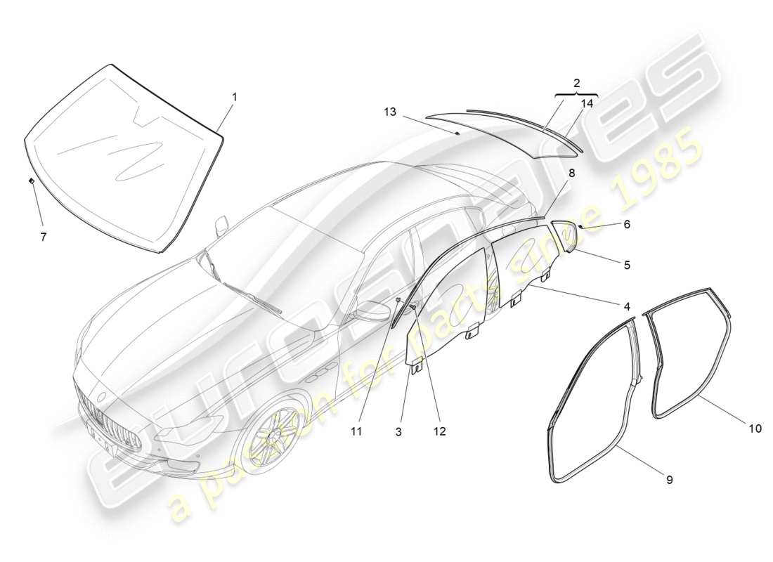 maserati qtp 3.0 bt v6 410hp (2014) diagramme de pièces de fenêtres et de bandes de fenêtre