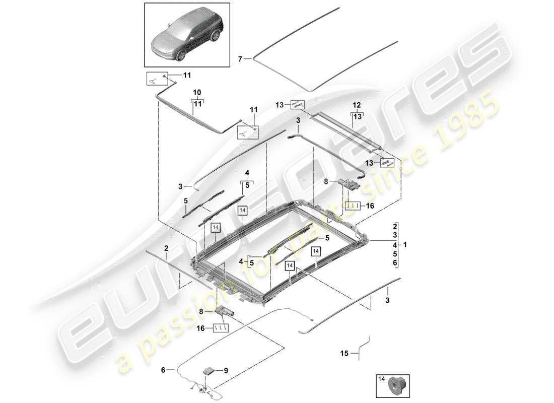 porsche 2019 (cayenne e3 9ya/9yb) toit en verre schéma des pièces