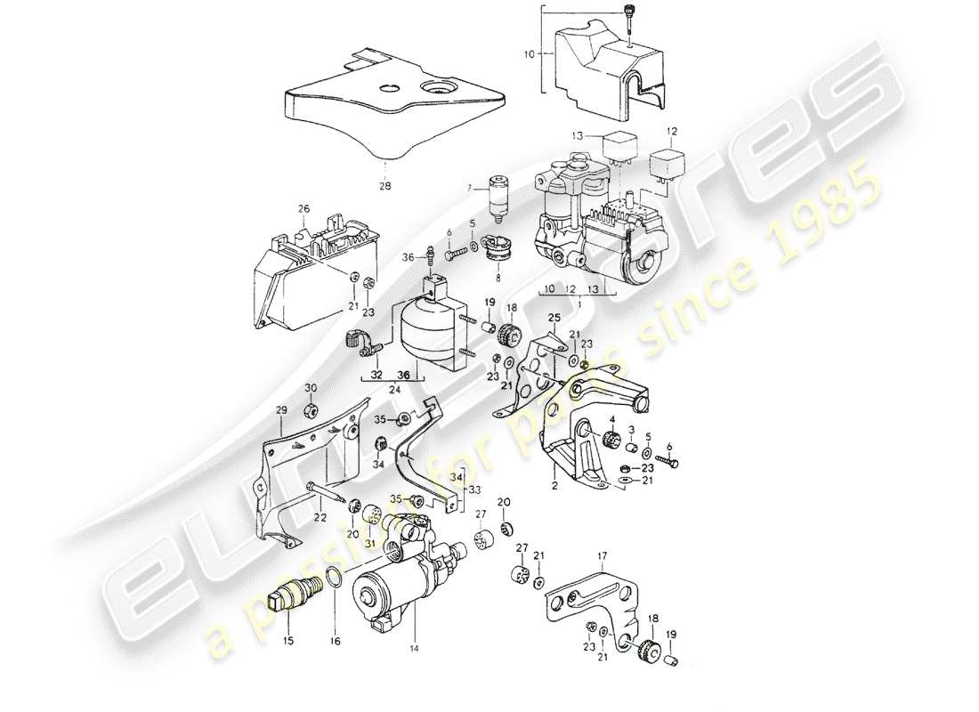 porsche 1990 (964) unité hydraulique - système de frein antiblocage. -abs- - schéma des pièces de commande