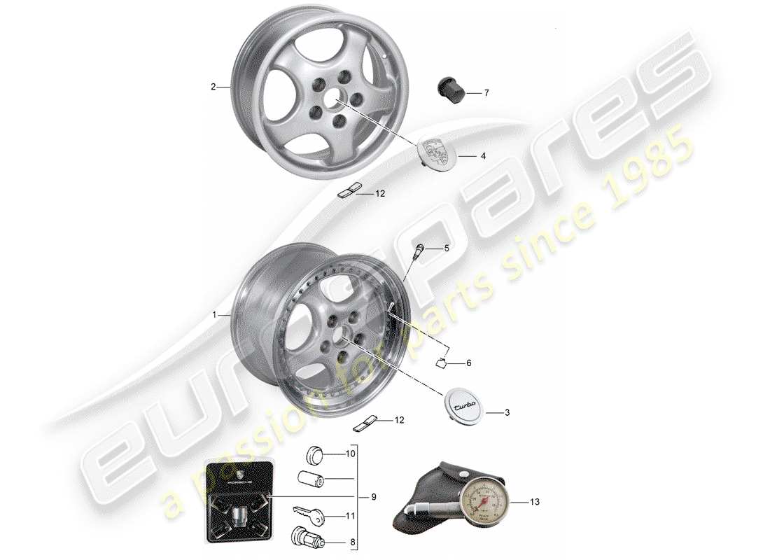 porsche 1989 (964) roues - d - mj 1993>> schéma des pièces