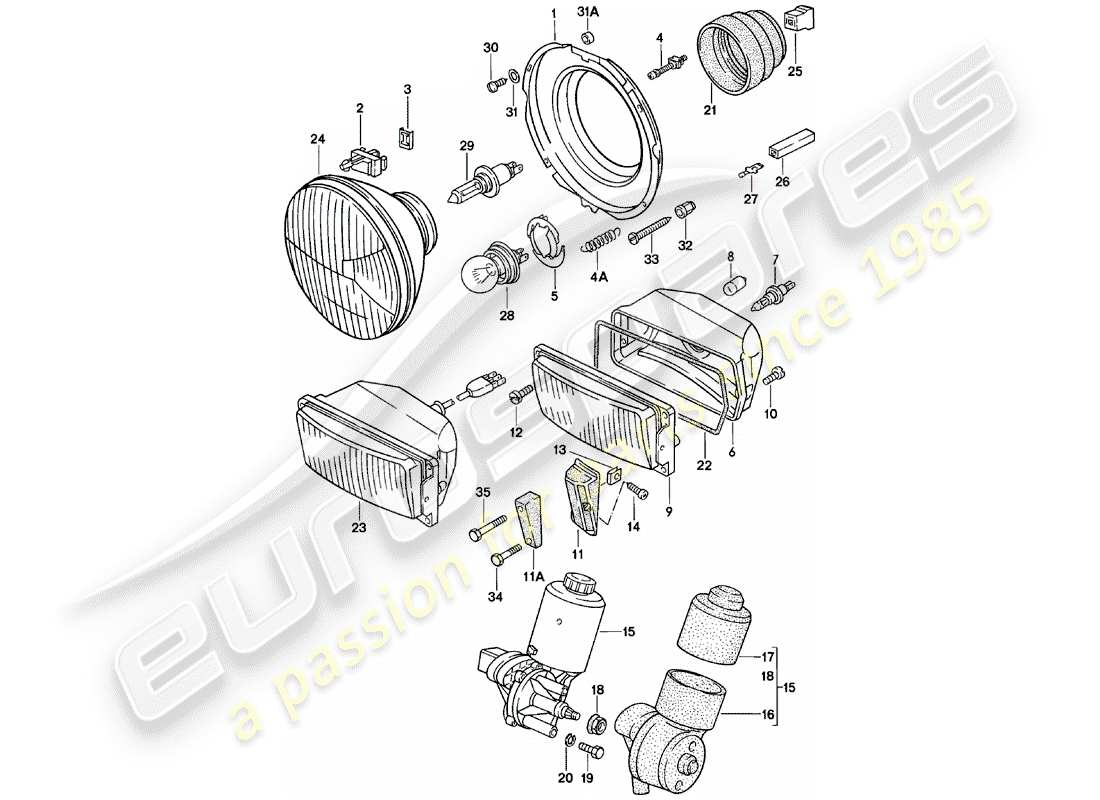 porsche 1981 (924) phare repliable - moteur electrique - pour - phare repliable - phare additionnel schéma des pièces
