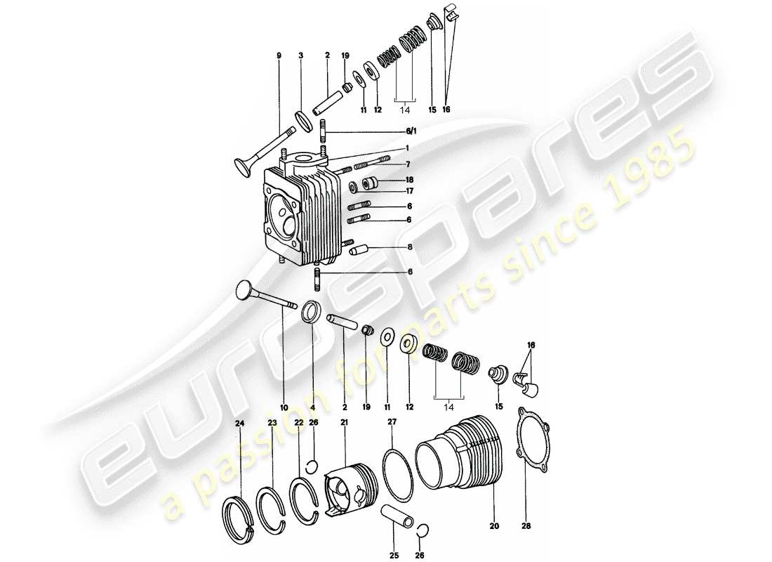 porsche 1975 (914) culasse - cylindre à pistons schéma des pièces