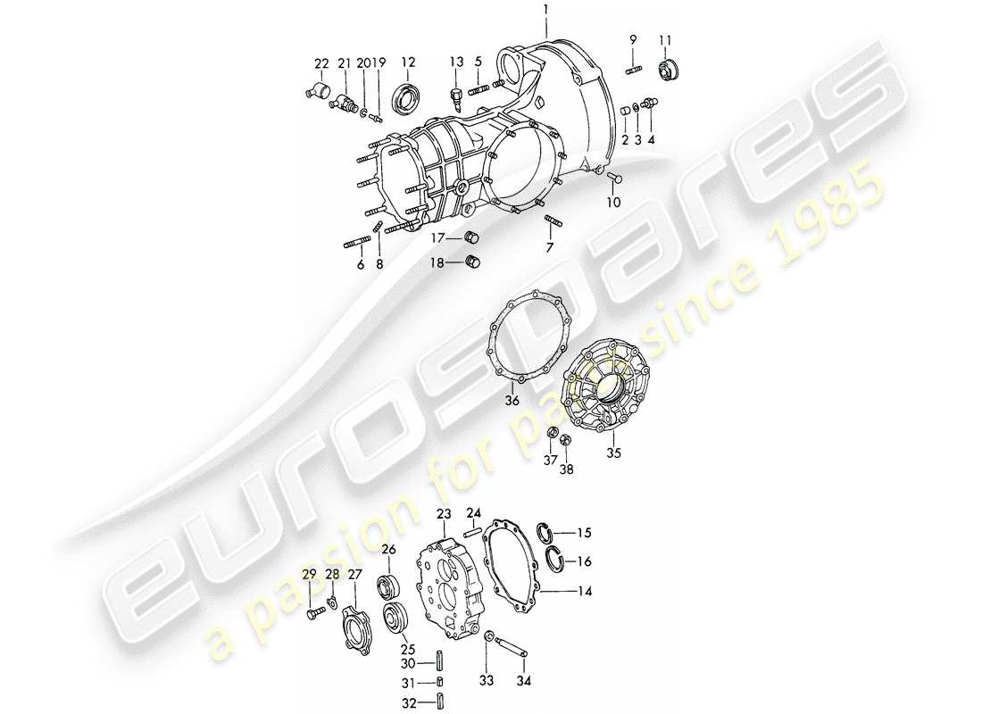 porsche 1965 (911/912) transmission de remplacement - carter de transmission - coulée réfrigérée schéma des pièces