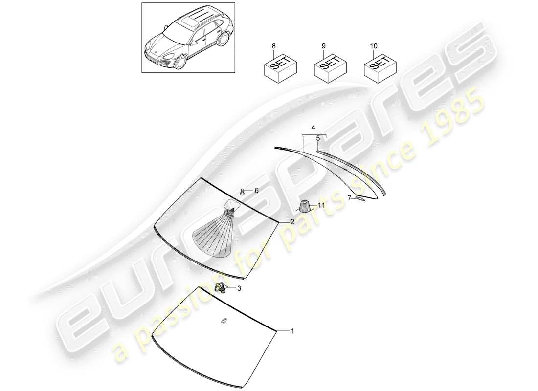 porsche 2011 (cayenne e2 92a) lunettes de fenêtre schéma des pièces