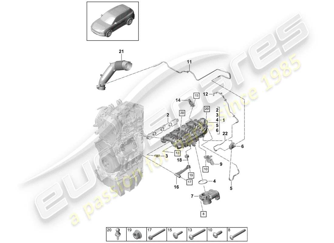 porsche 2020 (cayenne e3 9ya/9yb) distributeur d'air d'admission schéma des pièces