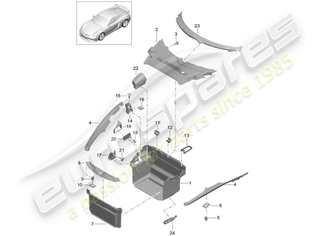 porsche 2016 (981 cayman gt4) doublure de botte schéma des pièces