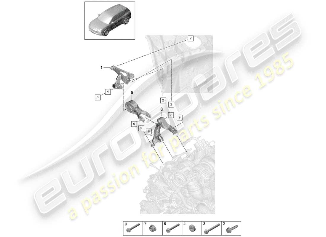 porsche 2018 (cayenne e3 9ya/9yb) attaque de levage du moteur schéma des pièces