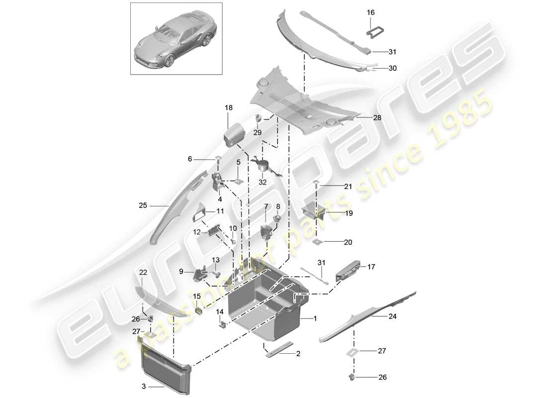 porsche 2019 (991-2 turbo) doublure de botte schéma des pièces