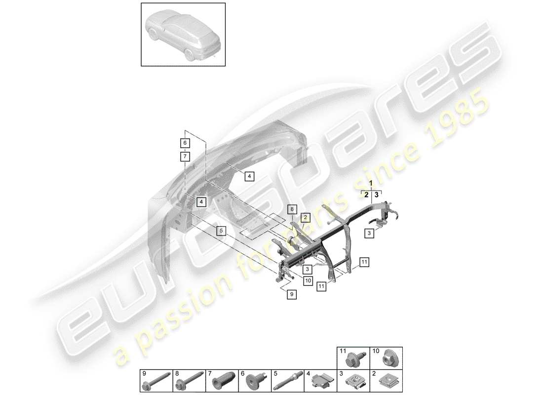 porsche 2019 (cayenne e3 9ya/9yb) cadre de retenue schéma des pièces