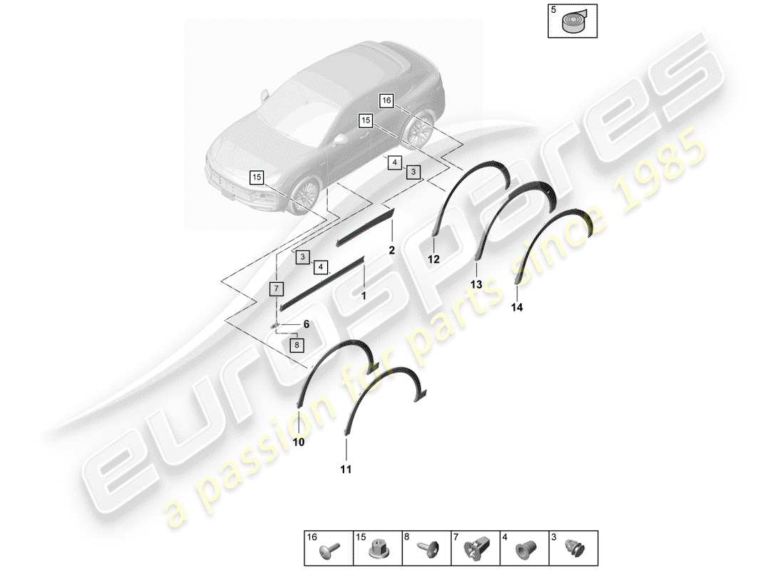 porsche 2019 (cayenne e3 9ya/9yb) couvercle de passage de roue schéma des pièces