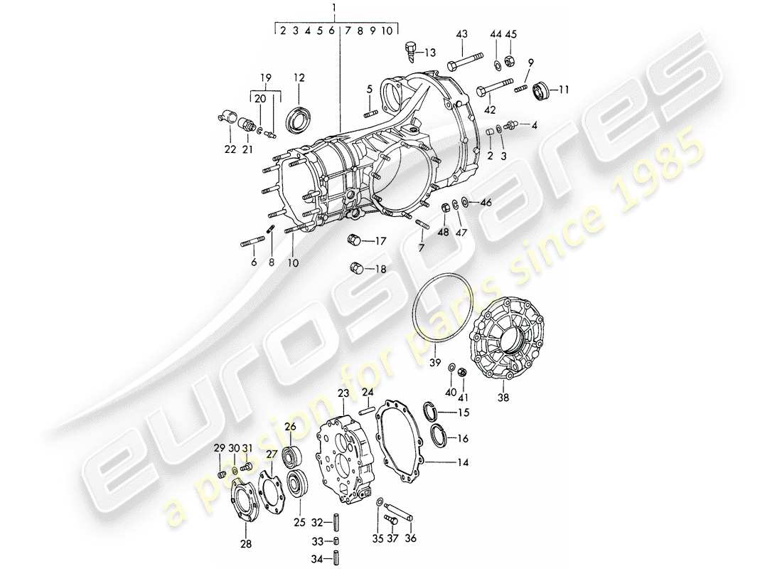 porsche 1965 (911/912) transmission de remplacement - carter de transmission - coulée sous pression - d - mj 1969>> schéma des pièces
