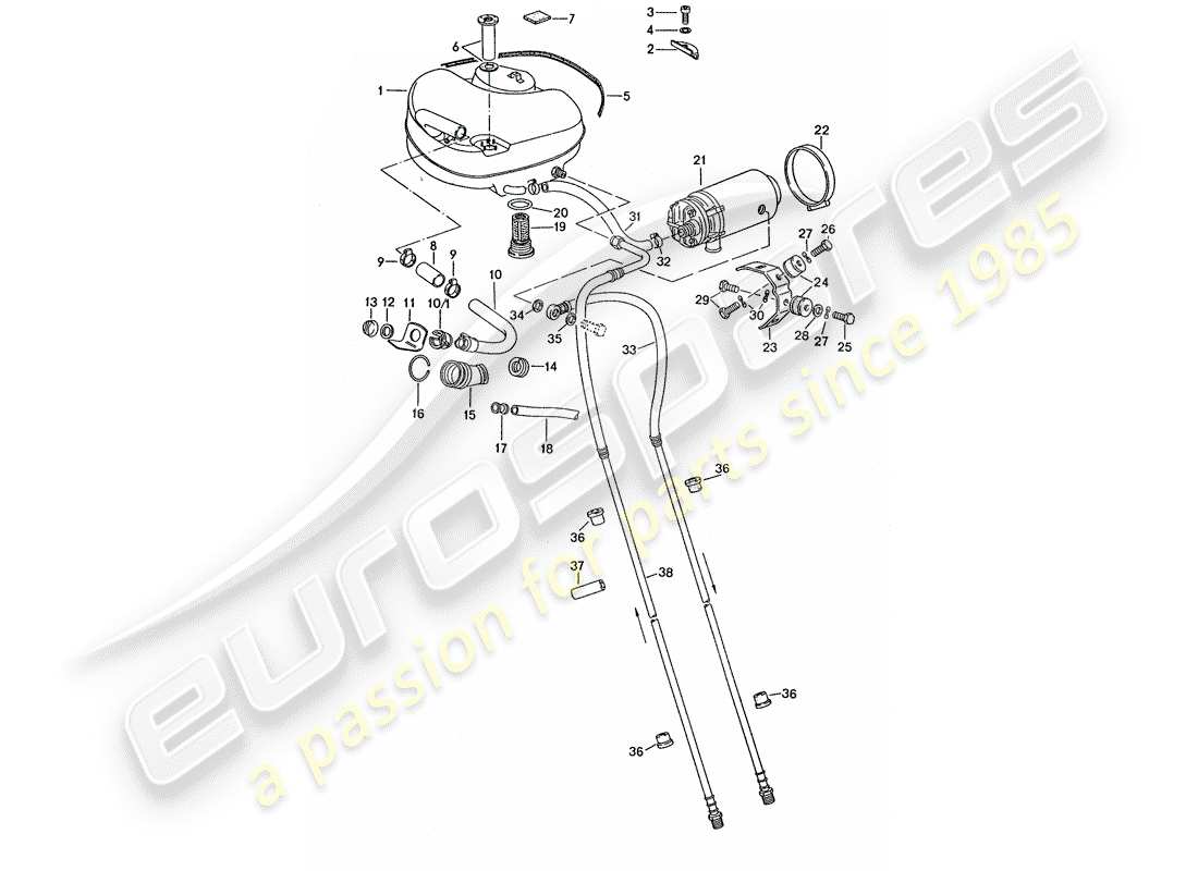 porsche 1976 (911 turbo) système de carburant - pour véhicules avec - auxil en aluminium. diagramme des pièces de support