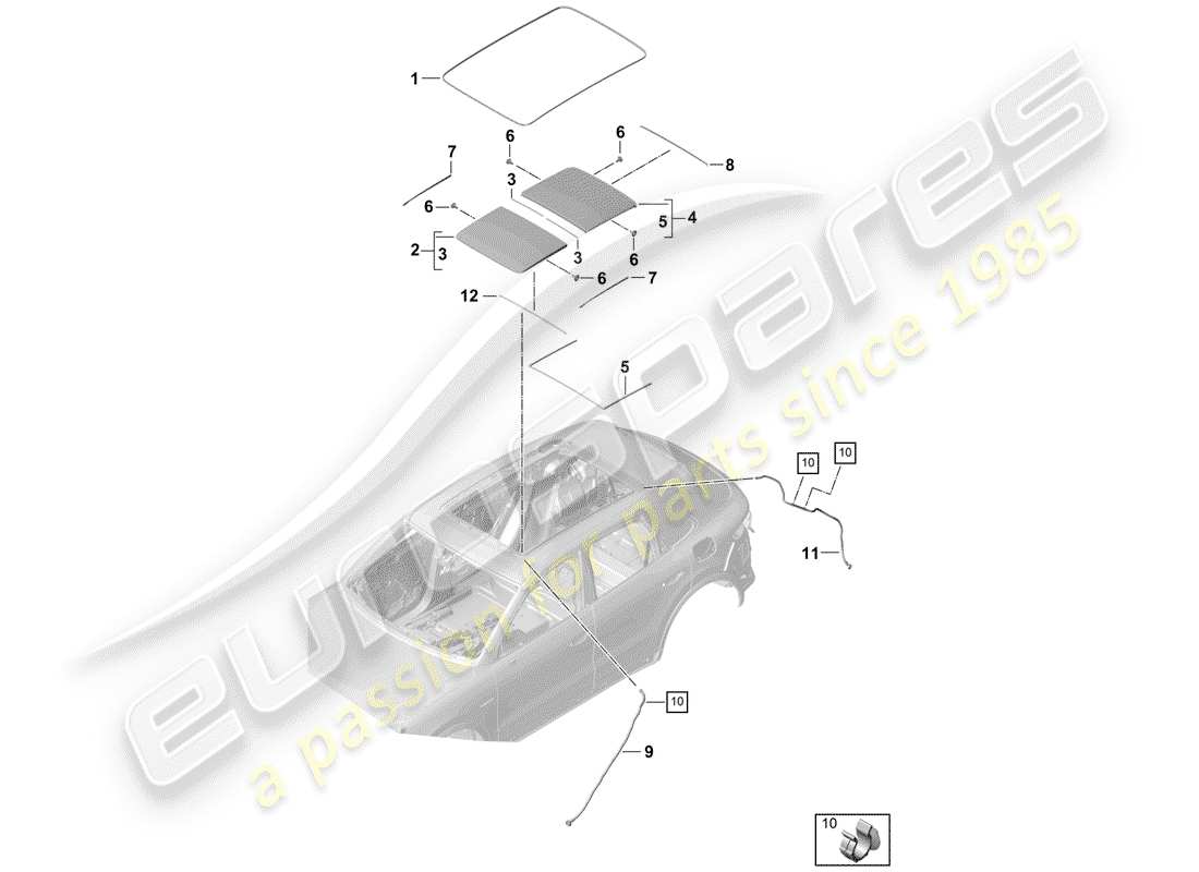 porsche 2019 (cayenne e3 9ya/9yb) schéma des pièces du toit en verre