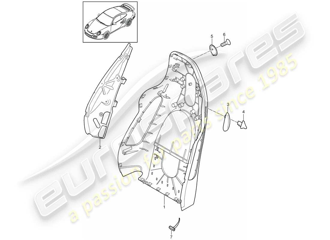 porsche 2011 (997-2 turbo / gt2 rs) coque de dossier schéma des pièces