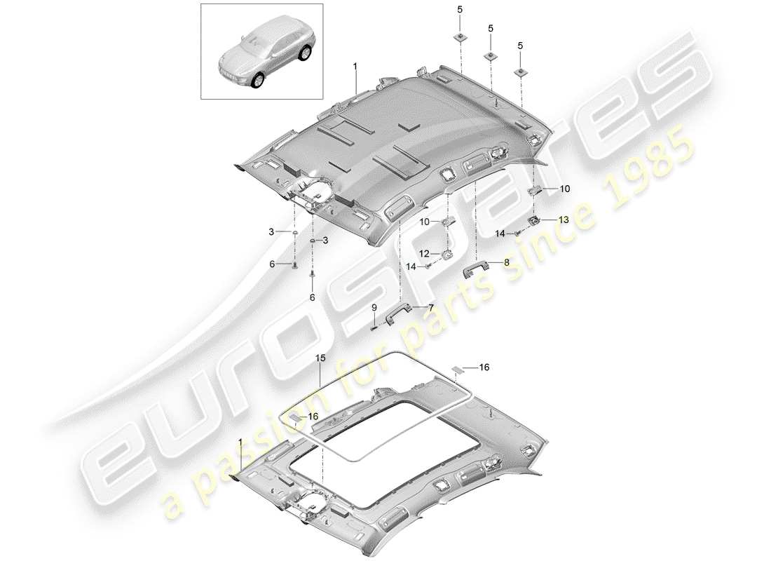 porsche 2014 (macan) panneau de garniture de toit schéma des pièces