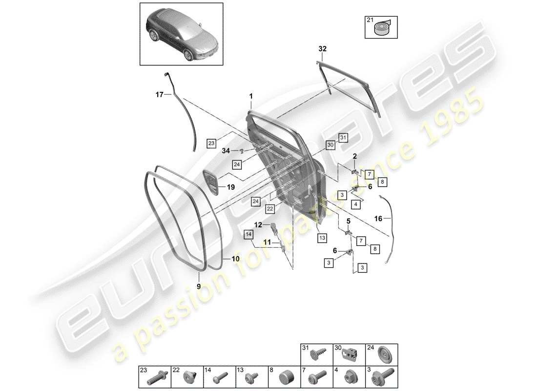 porsche 2019 (cayenne e3 9ya/9yb) coque de porte schéma des pièces