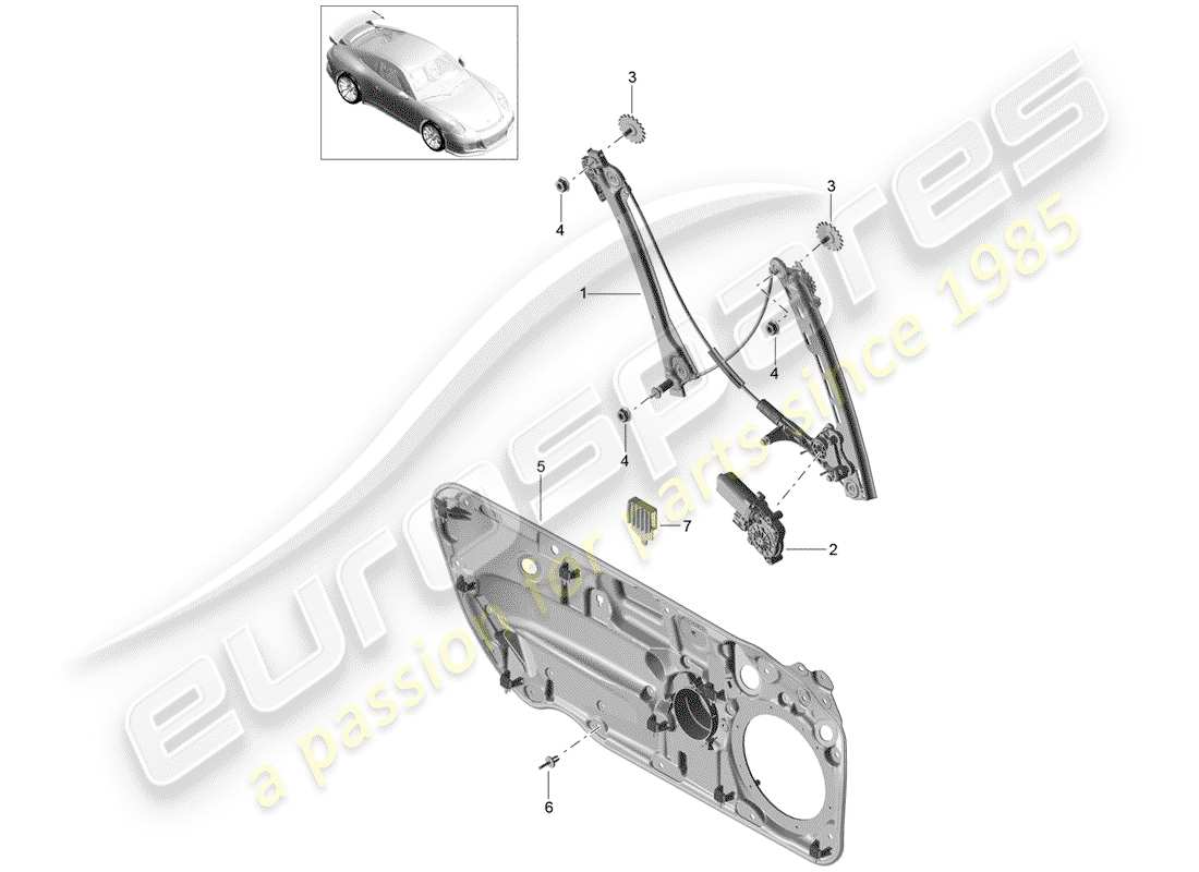 porsche 2018 (991-2 r/gt3/rs) régulateur de fenêtre schéma des pièces