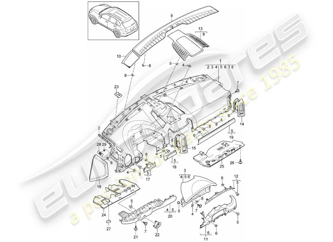 porsche 2014 (cayenne e2 92a) garniture du tableau de bord schéma des pièces