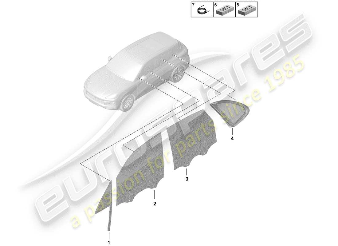 porsche 2019 (cayenne e3 9ya/9yb) fenêtre latérale diagramme des pièces