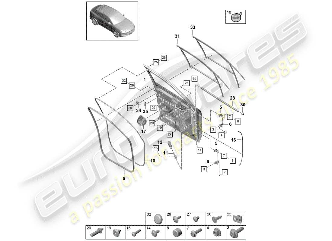 porsche 2019 (cayenne e3 9ya/9yb) coque de porte schéma des pièces