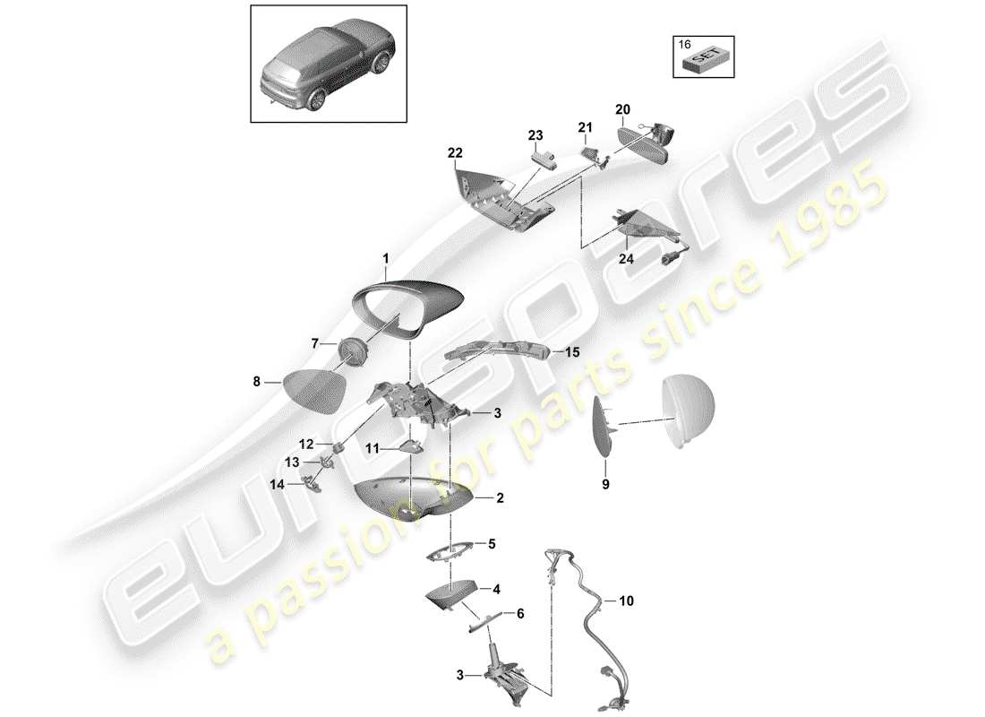 porsche 2019 (cayenne e3 9ya/9yb) schéma des pièces du rétroviseur intérieur