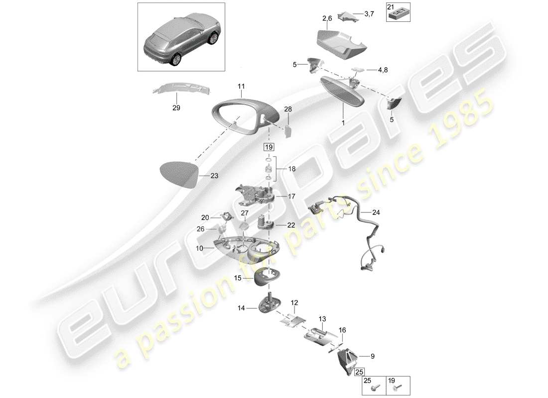 porsche 2019 (macan) schéma des pièces du rétroviseur