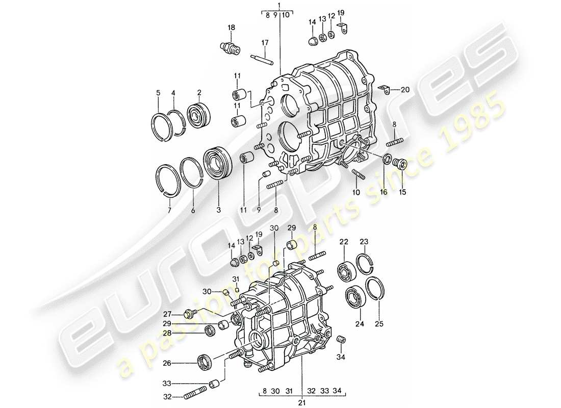 porsche 1987 (959) carter d'engrenages - couvercle de transmission schéma des pièces
