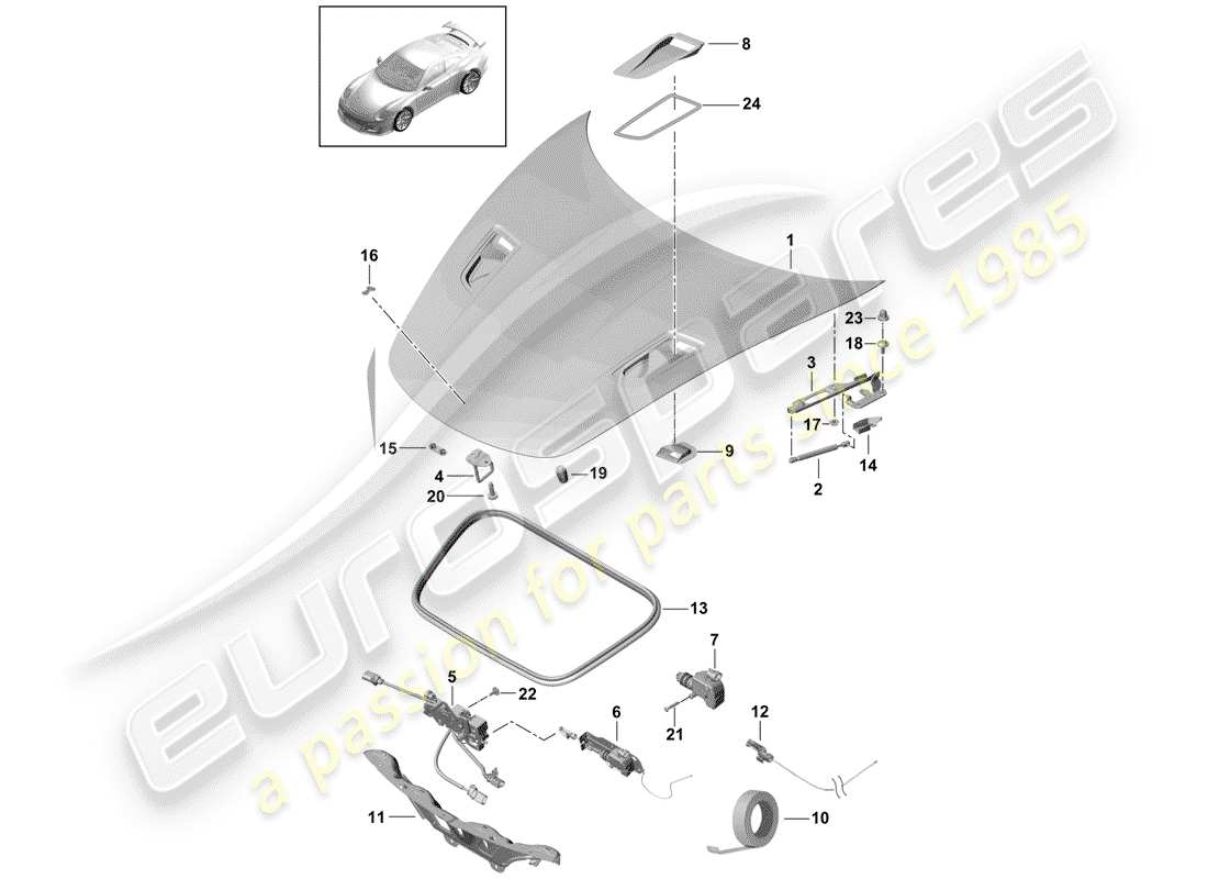porsche 2017 (991-2 r/gt3/rs) capot schéma des pièces