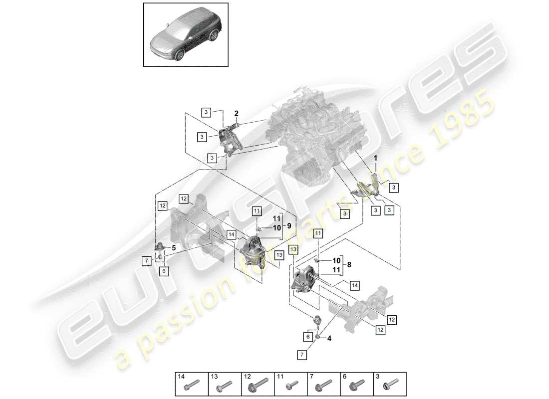 porsche 2018 (cayenne e3 9ya/9yb) matériel de levage de moteur schéma des pièces