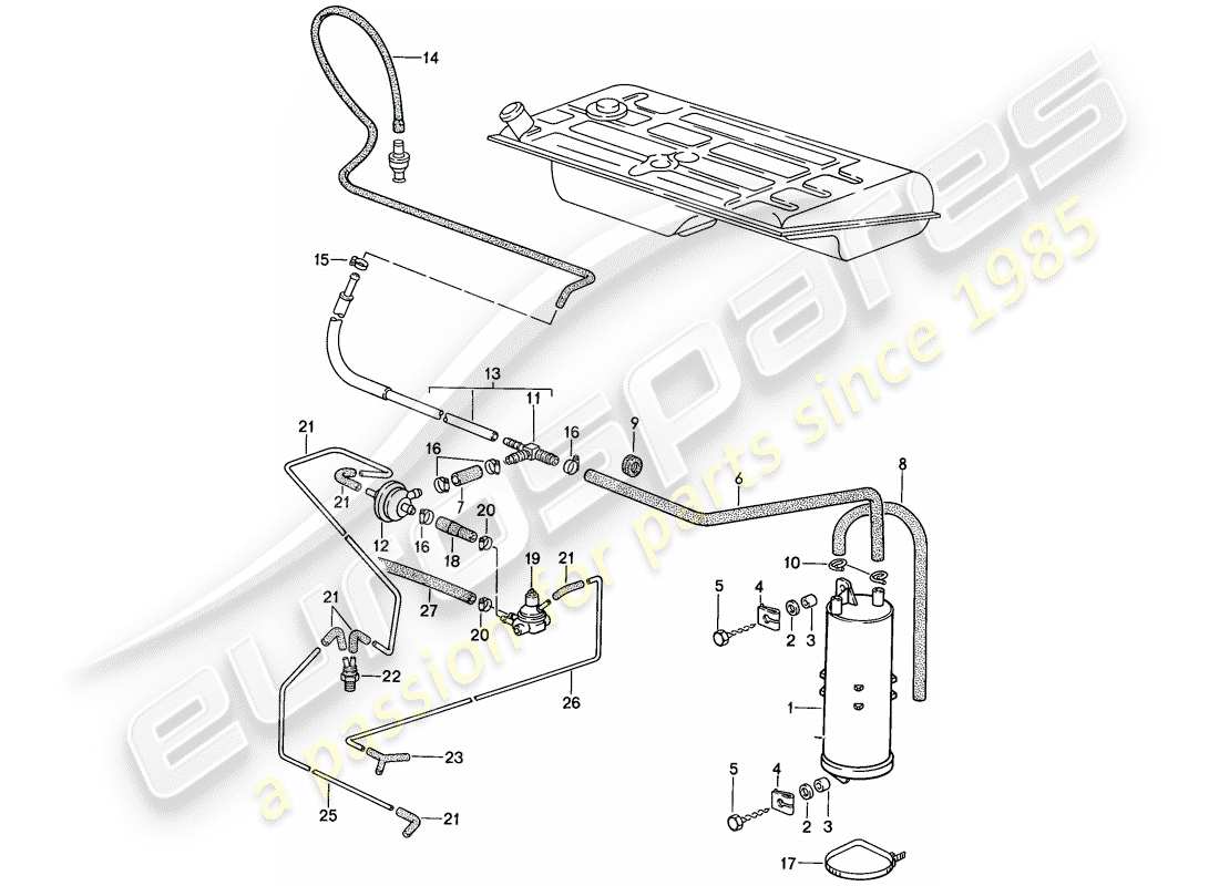 porsche 1986 (924s) cartouche d'émission par évaporation - ventilation du réservoir schéma des pièces